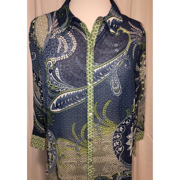 Susan Graver L Duster Sheer Chiffon Button Front Blue Green Large L - Picture 3 of 4